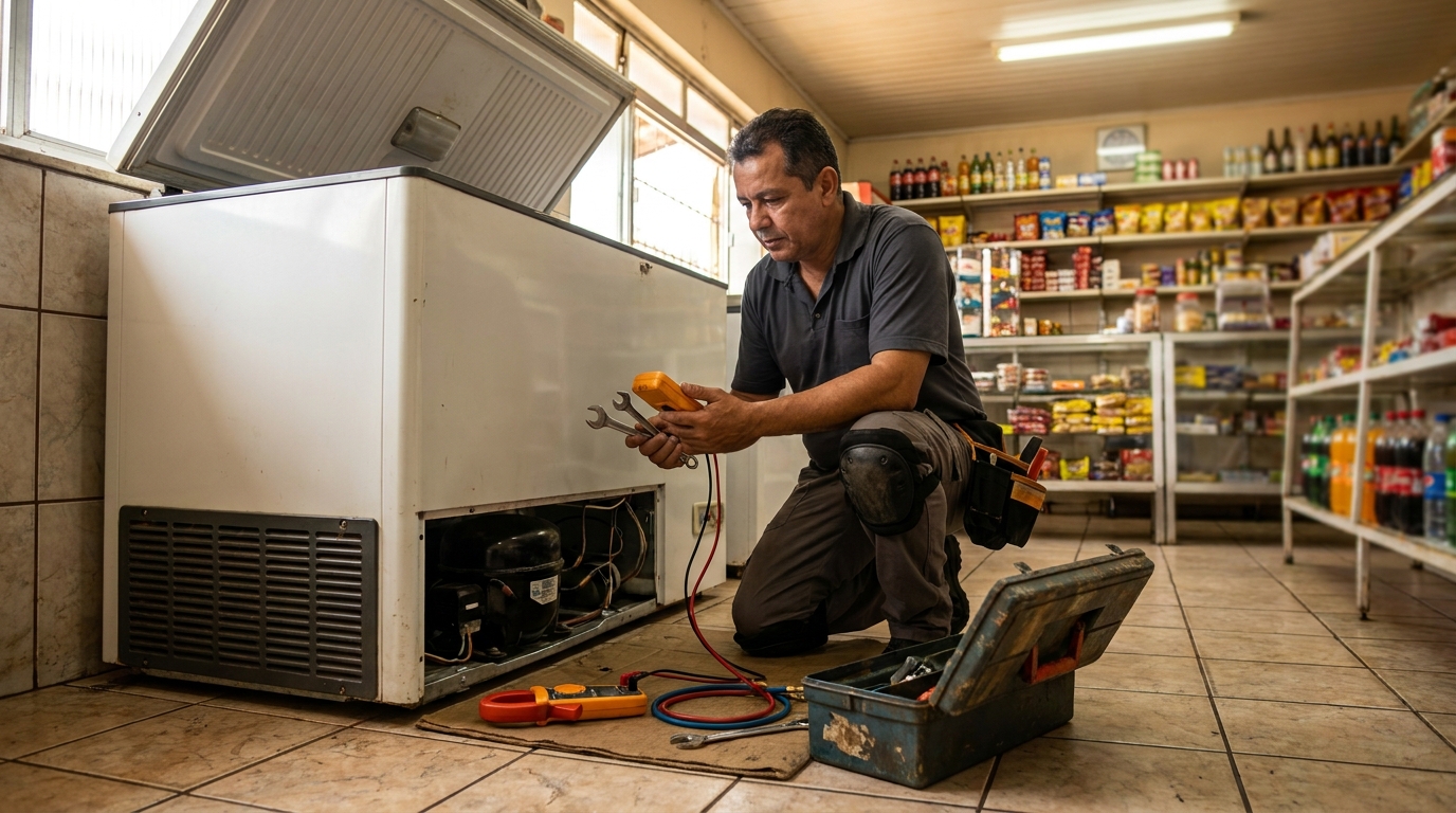 Profissional executando manutenção no motor de freezer na Zona 06, Maringá‑PR
