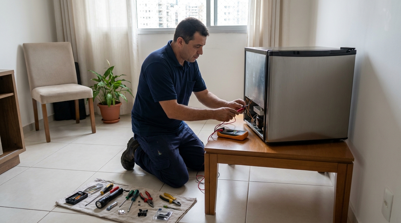 Técnico fazendo manutenção do motor de frigobar na Cidade Jardim, Maringá‑PR