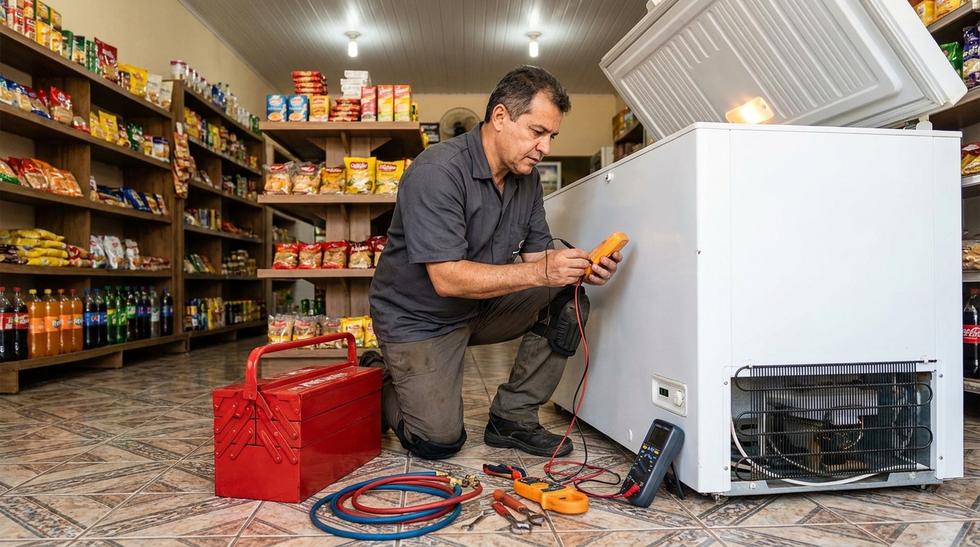 Recarga de gás refrigerante no freezer durante atendimento na Zona 06, Maringá‑PR