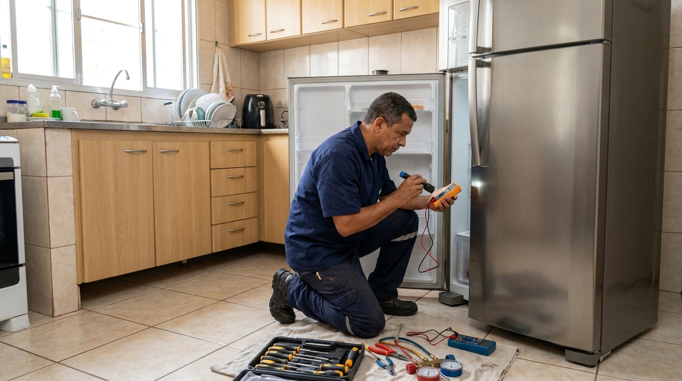 Técnico aplicando recarga de gás refrigerante em geladeira no Jardim Botânico, Maringá‑PR