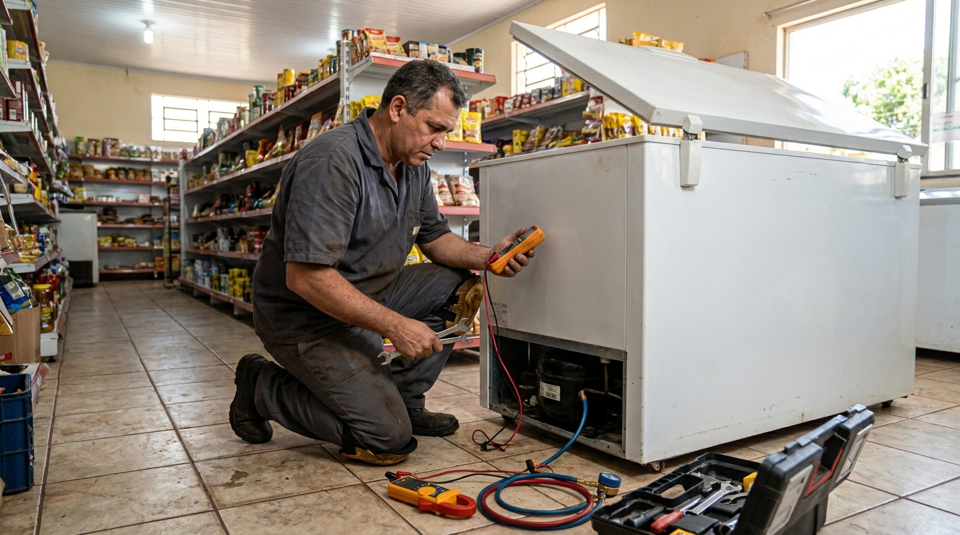 Substituição de termostato de freezer em visita técnica na Zona 06, Maringá‑PR